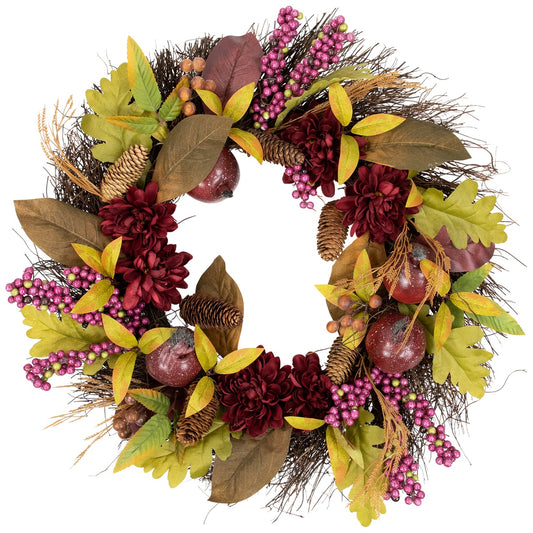 Mums and Pomegranates Artificial Fall Harvest Twig Wreath  24-Inch