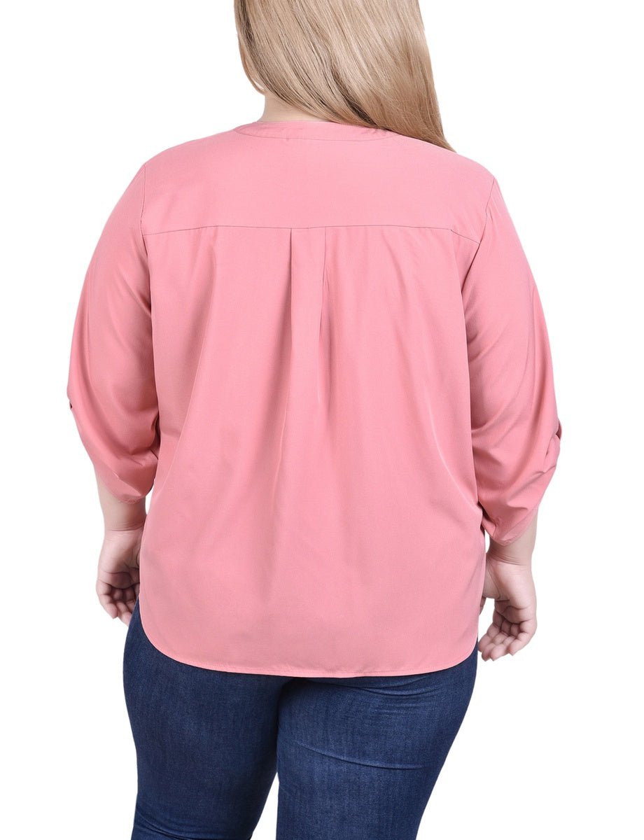  NY Collection 3/4 Tabbed Sleeve Y Neck Blouse - Dusty Rose - Bonton