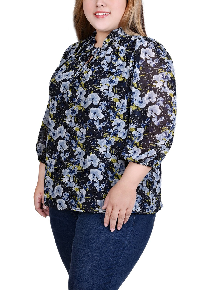  NY Collection Plus Size 3/4 Sleeve Chiffon Blouse - Black Lace Floral - Bonton