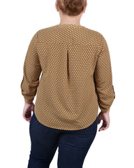 Plus Size 3/4 Roll Tab Sleeve Y-Neck Blouse