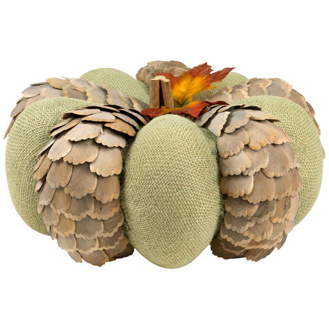 Fall Harvest Layered Wooden Leaves and Burlap Pumpkin - 10" - Green and Beige