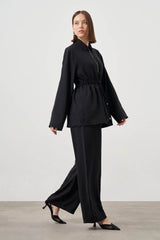 Mizalle-Cinched Waist Shirt Jacket-Black