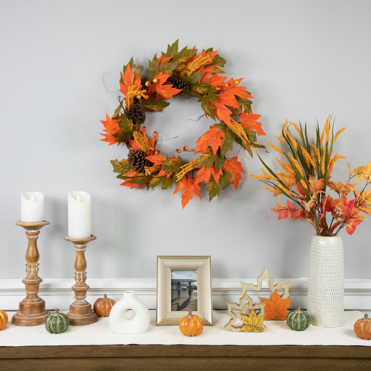  Northlight Leaves  Pinecones and Berries Artificial Fall Harvest Wreath  24-Inch  Unlit - Default Title - Bonton