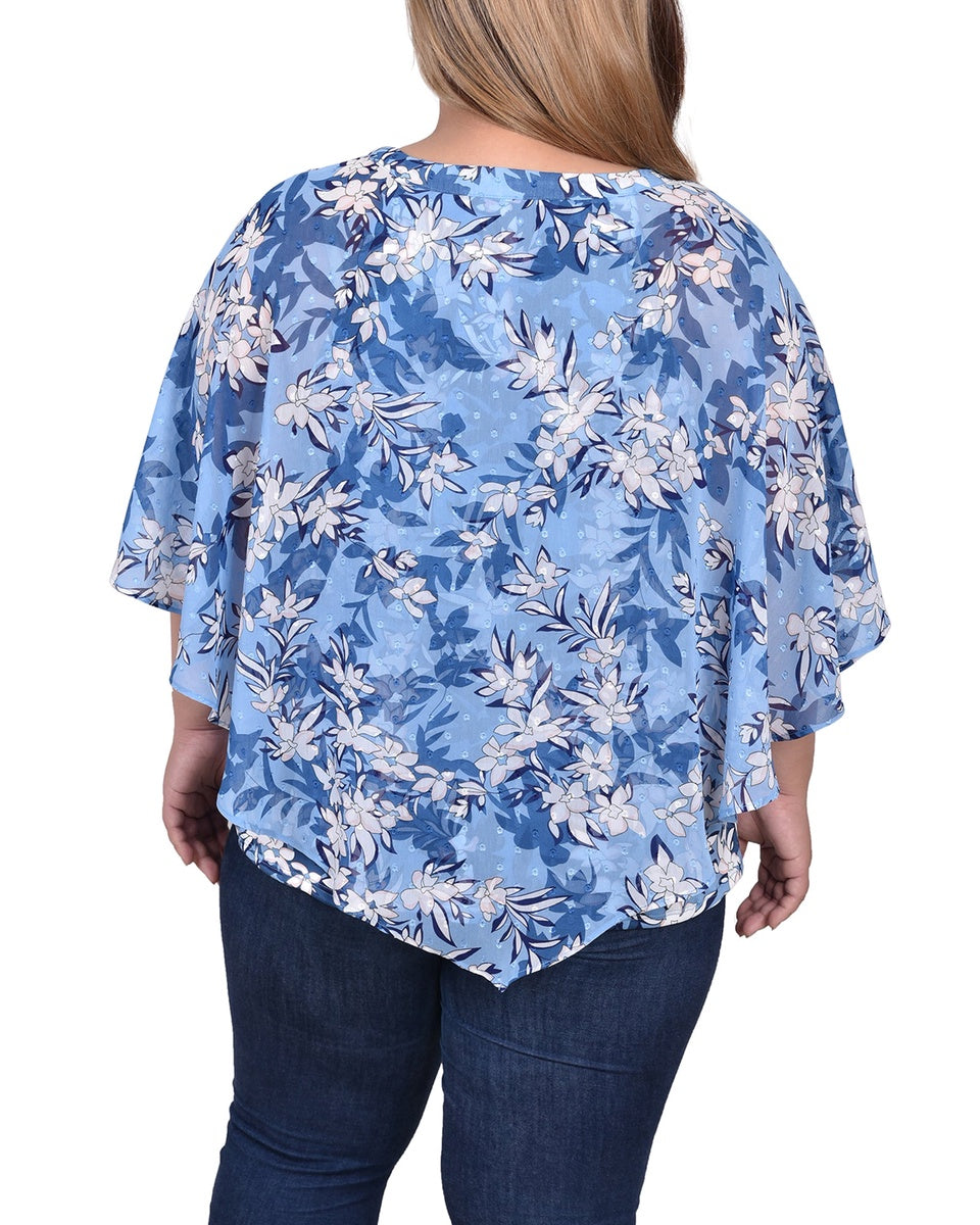  NY Collection Plus Size Chiffon Poncho Top With Ring - Ivory Floral - Bonton