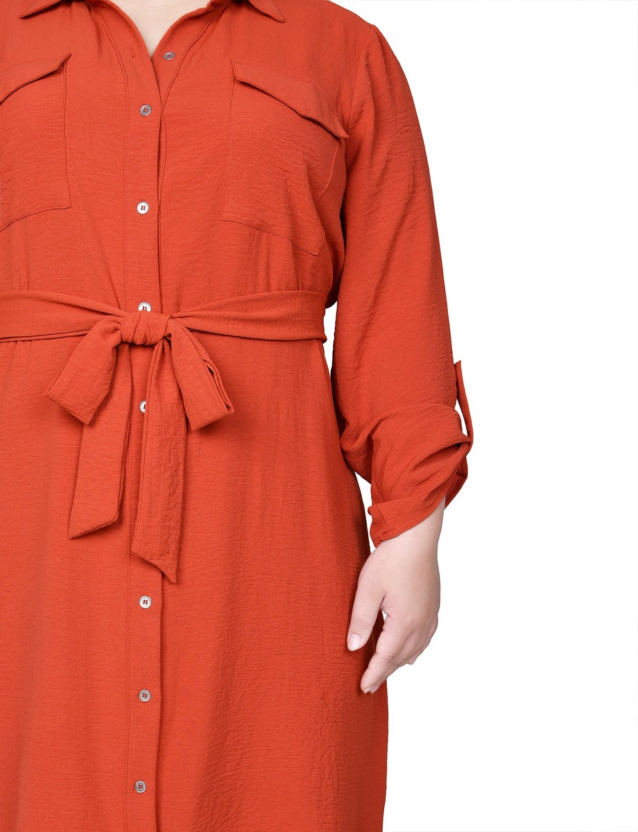  NY Collection Plus Size Long Roll Tab Sleeve Shirtdress - Burnt Olive - Bonton