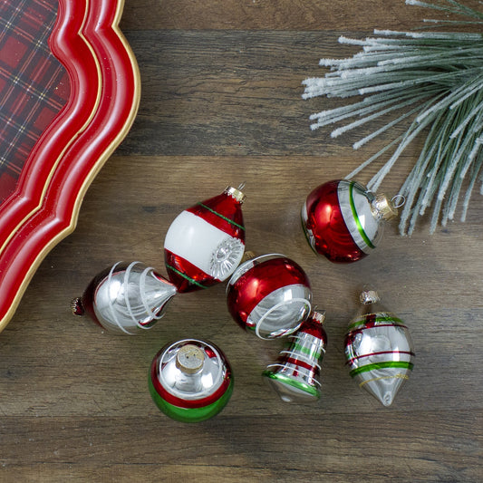 2-Finish Striped Glass Christmas Ornaments - 3.25" - Silver and Red - 9ct