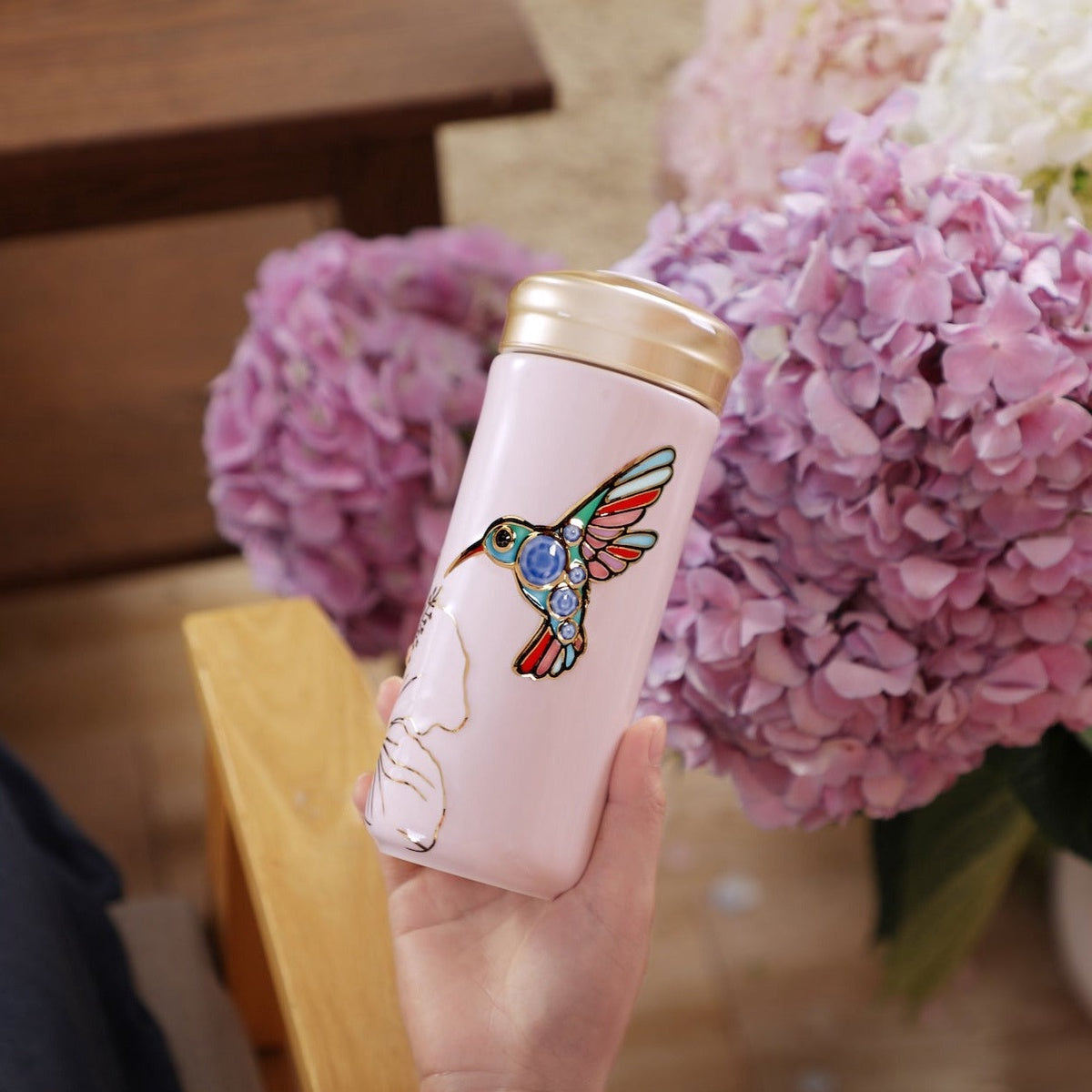  Acera The Hummingbird Travel Mug - Pink and Hand Painted Multi Colored Bird - Bonton