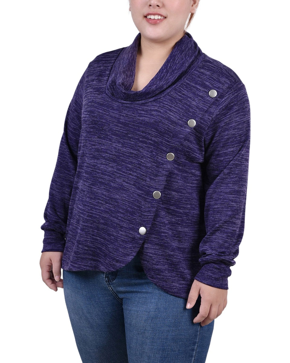  NY Collection Plus Size Long Sleeve Overlapping Cowl Neck Top - Navy Enzoz - Bonton