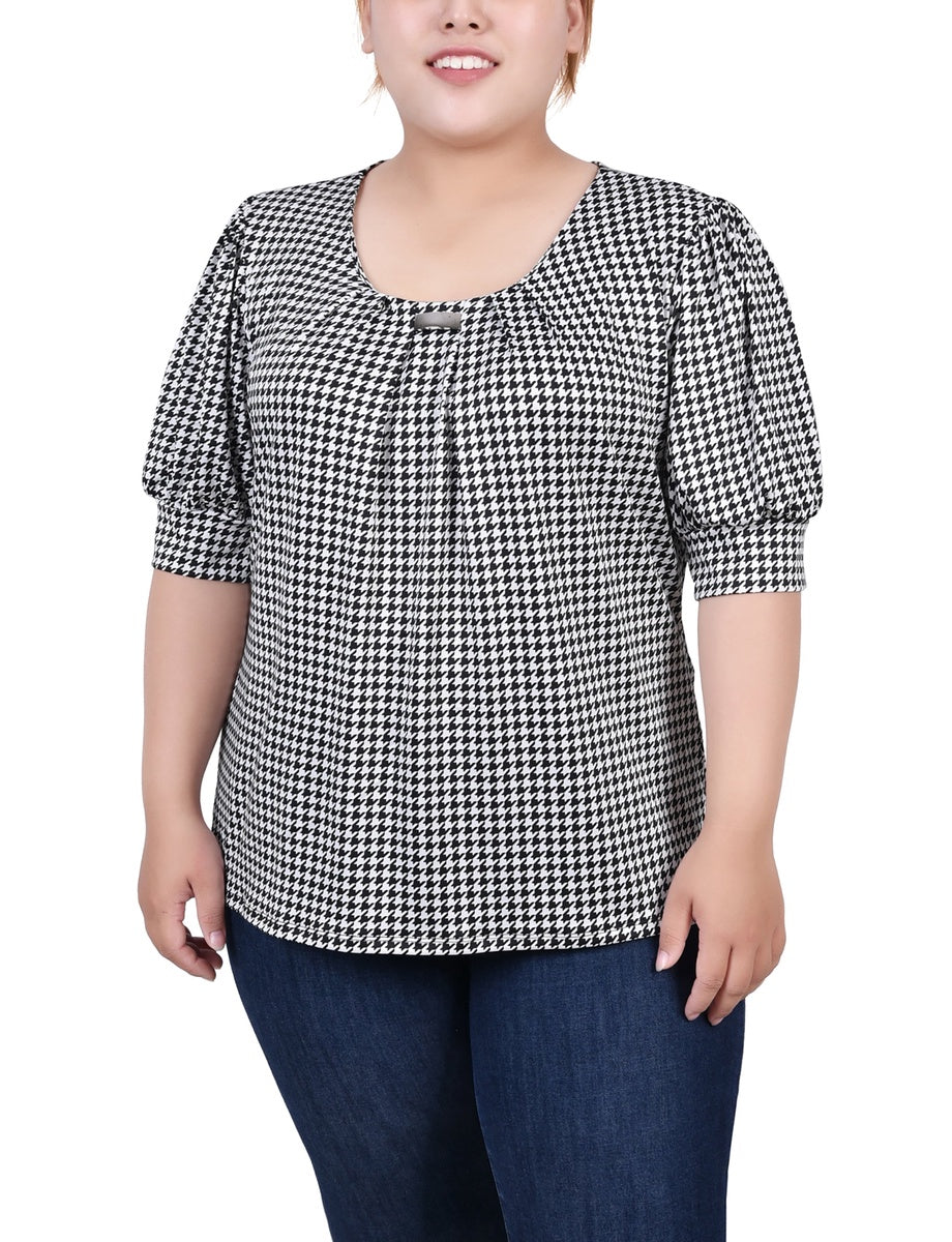  NY Collection Plus Size Short Sleeve Balloon Sleeve Top With Hardware - Black Taupe Zebra - Bonton