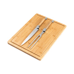 2 Piece Connoisseur Laguiole Olive Wood Carving Knife and Fork and Bamboo Cutting Board With Moat