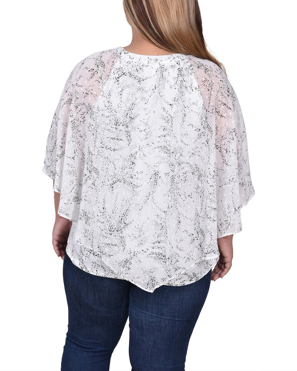  NY Collection Plus Size Chiffon Poncho Top With Ring - Ivory Floral - Bonton