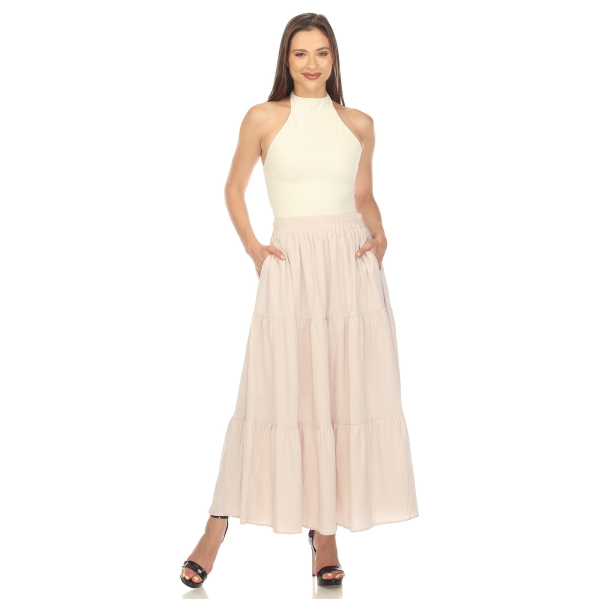  White Mark Women's Pleated Tiered Maxi Skirt - M - Bonton