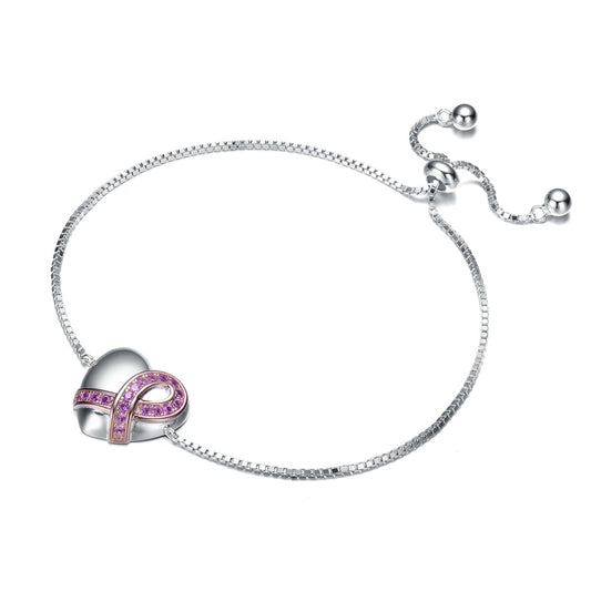 Teens/Young Adults White Gold Plated With Infinity Ribbon on Heart Adjustable Bracelet