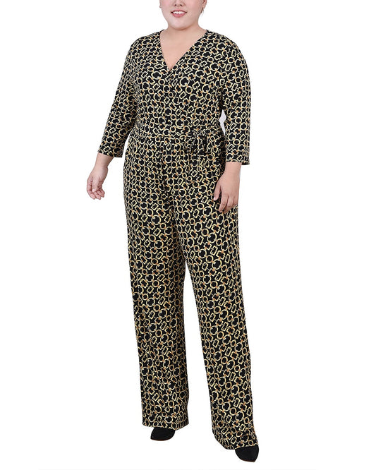 Plus Size 3/4 Sleeve Belted Jumpsuit