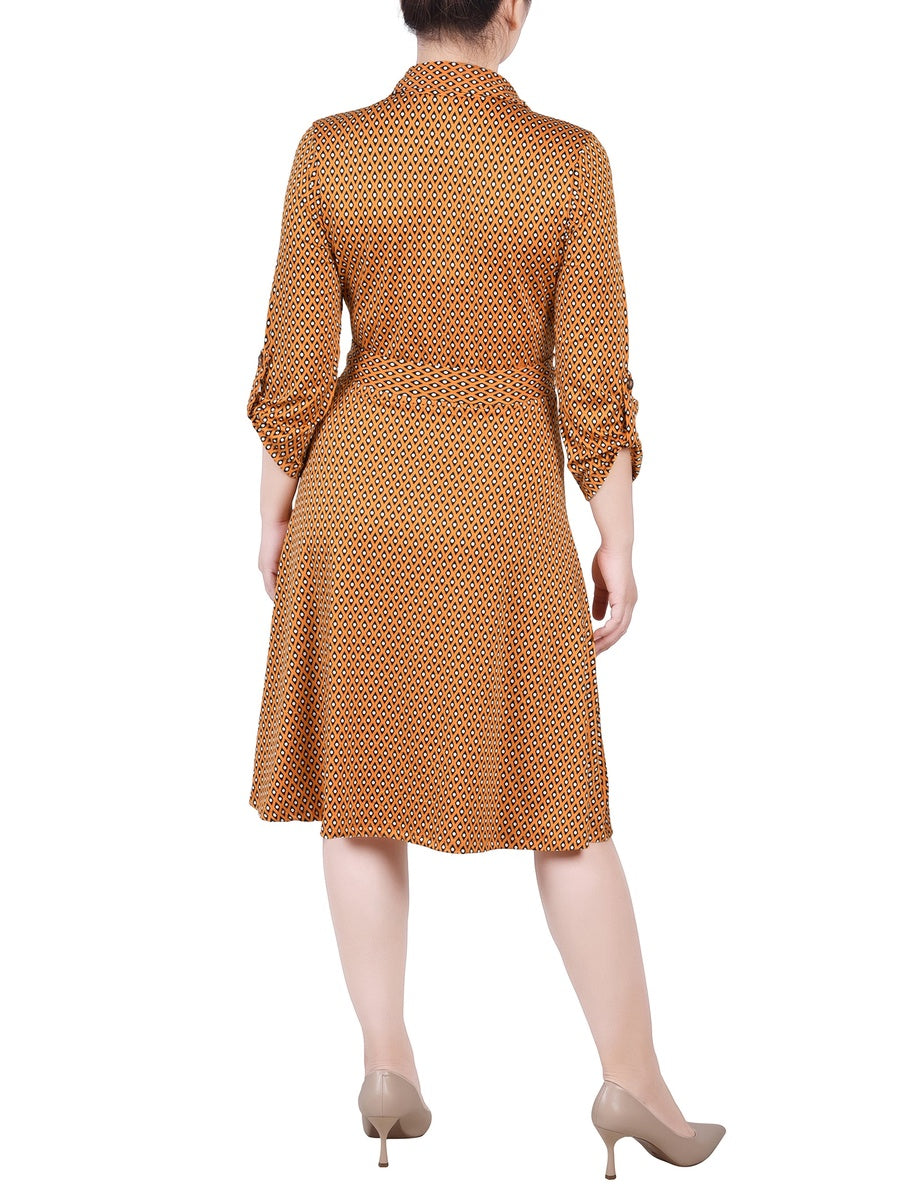  NY Collection Petite 3/4 Slv Roll Tab Shirtdress - Black Gold Harlie - Bonton
