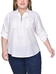 Plus Size 3/4 Roll Tab Sleeve Zip Front Blouse