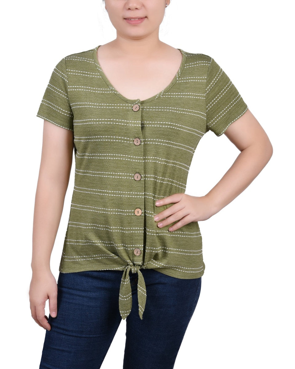  NY Collection Short Sleeve Tie Front Top - Olive - Bonton