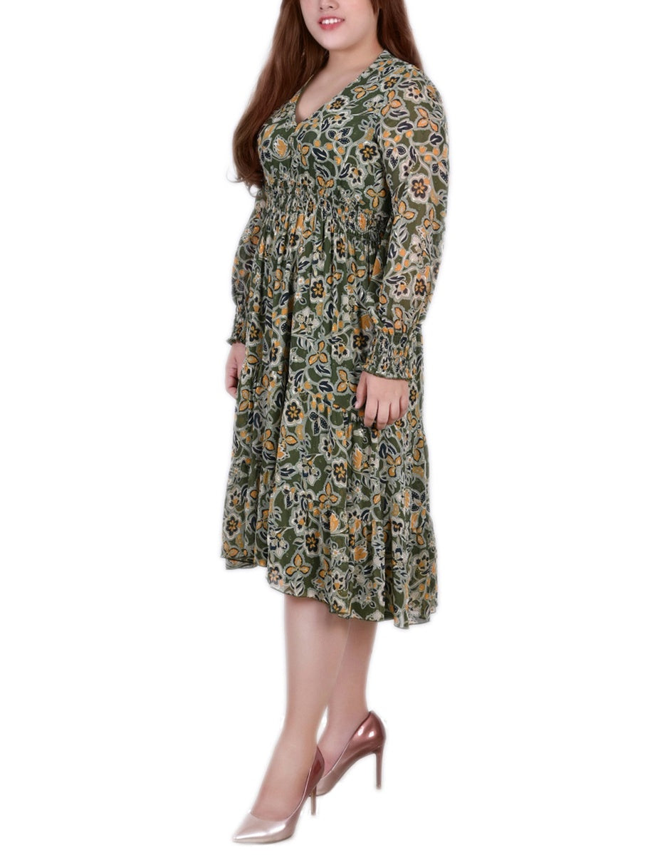  NY Collection Plus Size Long Sleeve Clip Dot Chiffon Dress With Smocked Waist and Cuffs - Navy Floral - Bonton