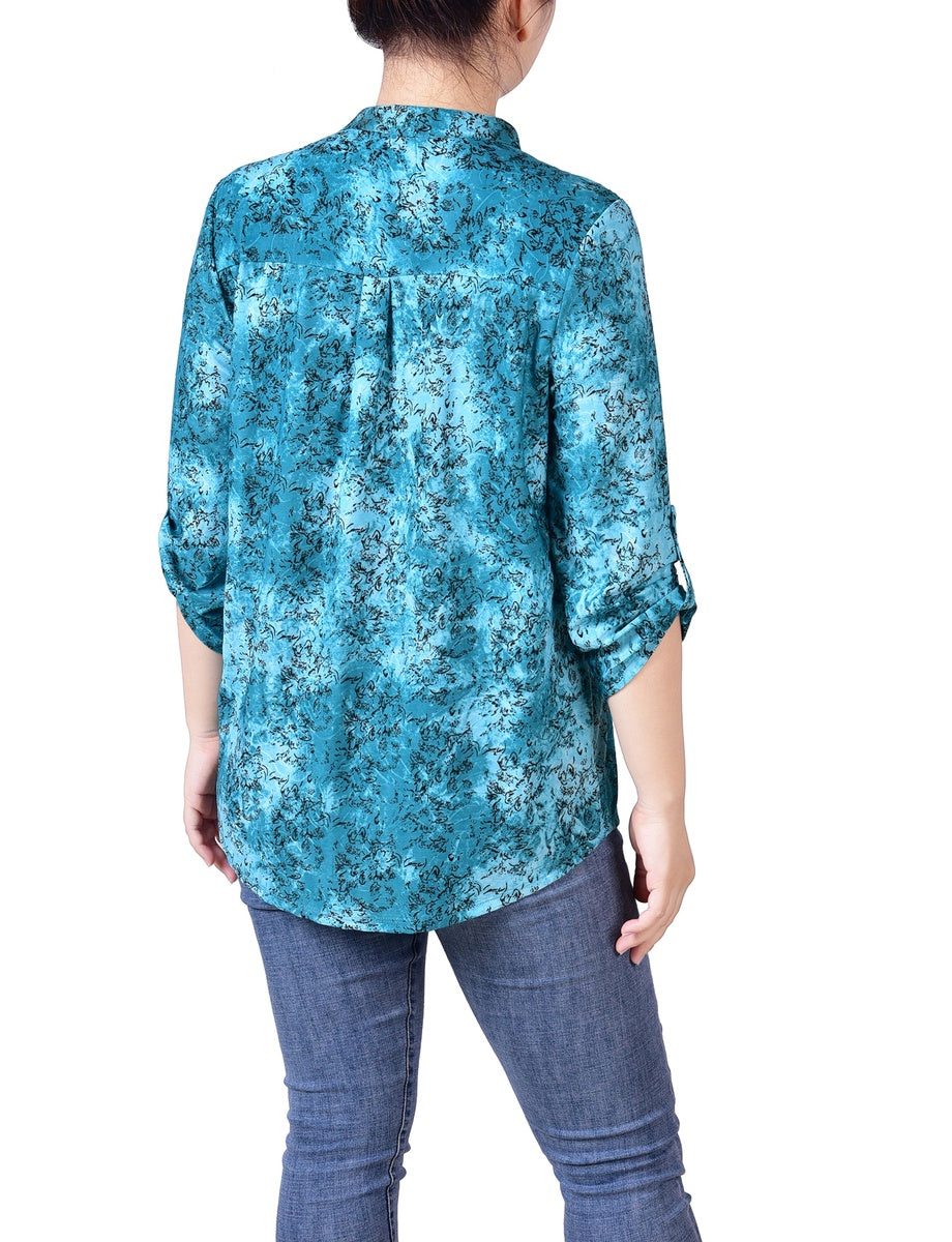  NY Collection Petite 3/4 Roll Tab Sleeve Smocked-Yoke Top - Etch Dark Blue - Bonton