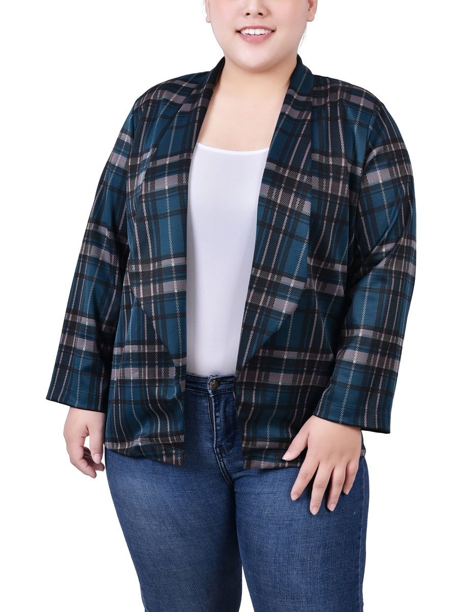  NY Collection Plus Size 3/4 Sleeve Ponte Jacket - Black Jacplaid - Bonton