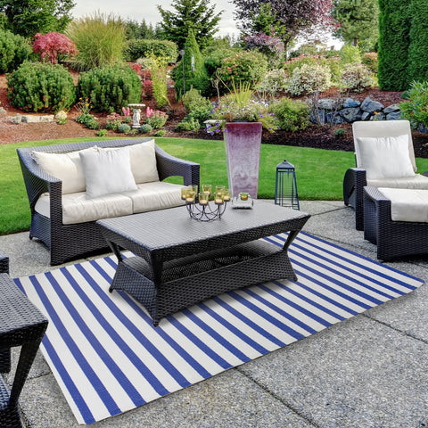 4' X 6' Blue and White Striped Rectangular Outdoor Area Rug