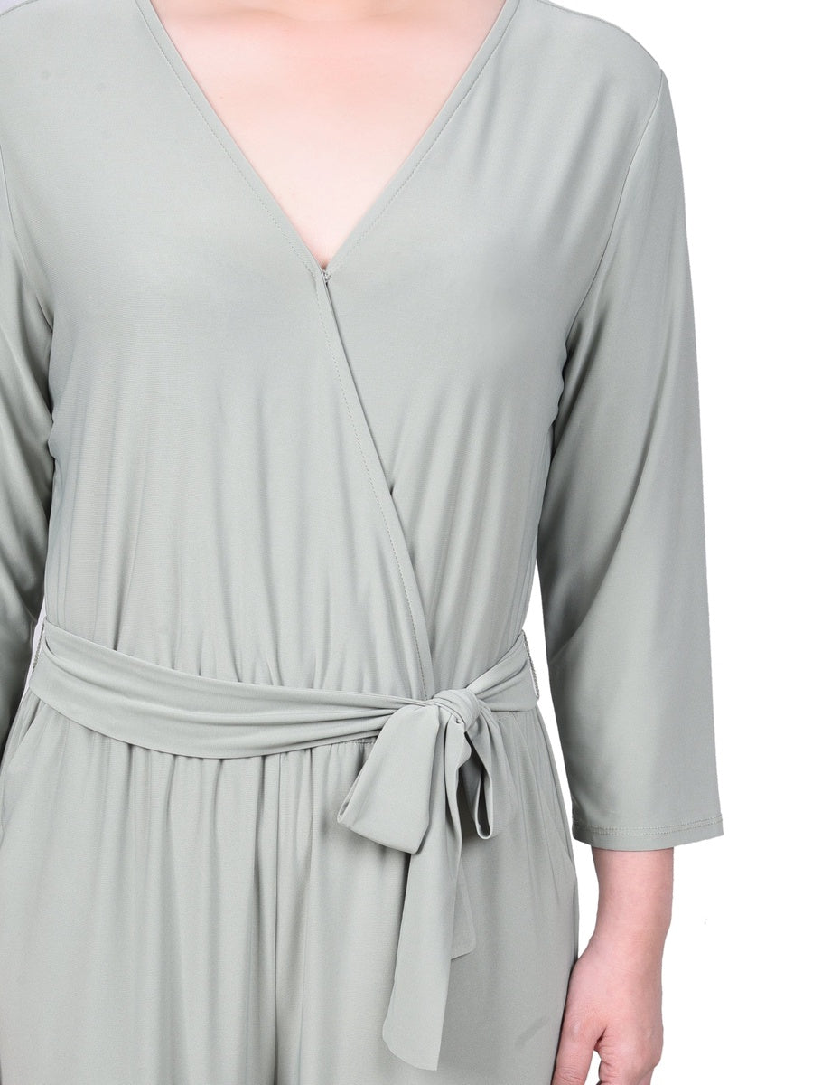  NY Collection Petite 3/4 Sleeve Belted Jumpsuit - Black - Bonton