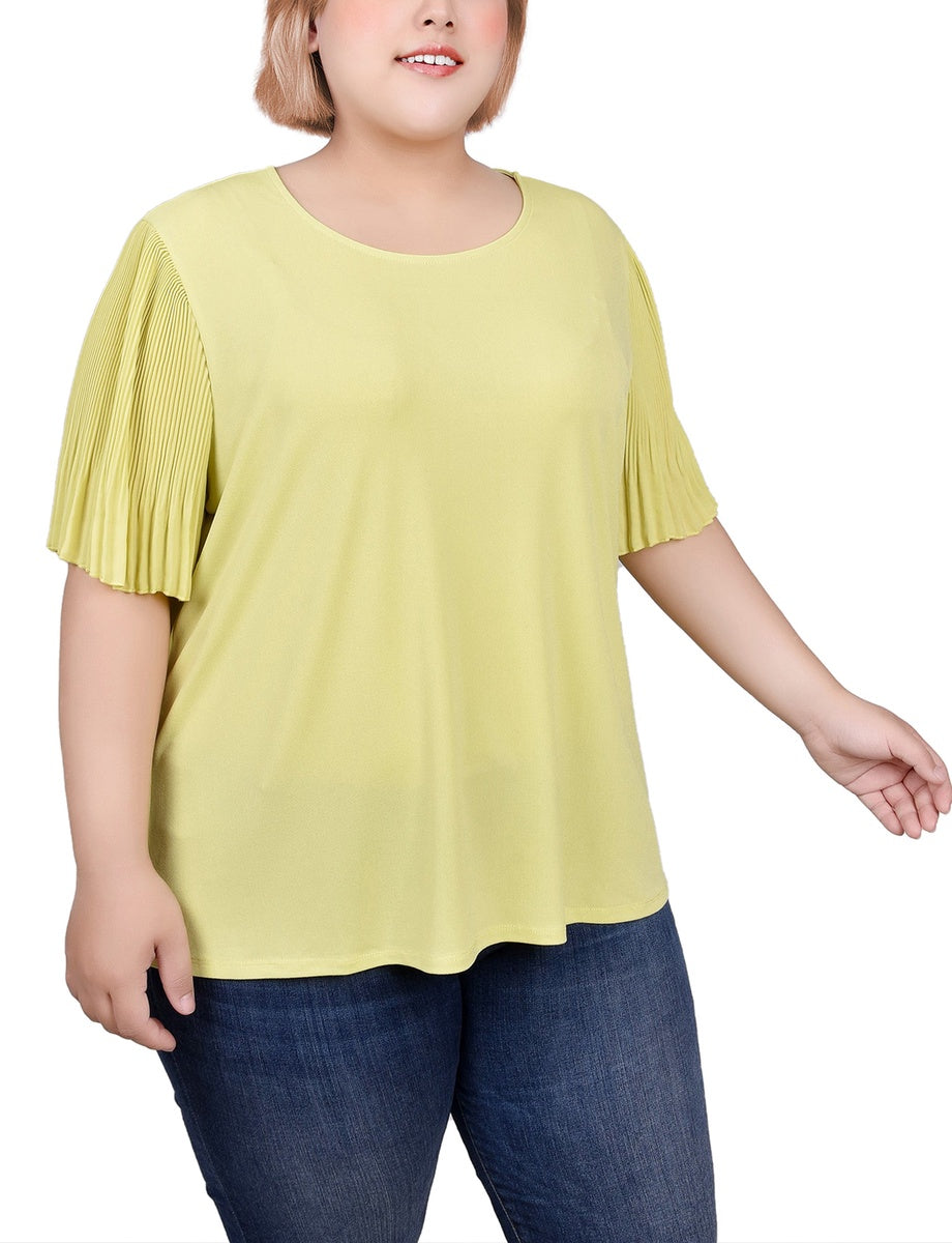  NY Collection Plus Size Pleated-Sleeve Top - White Black Dotcircles - Bonton