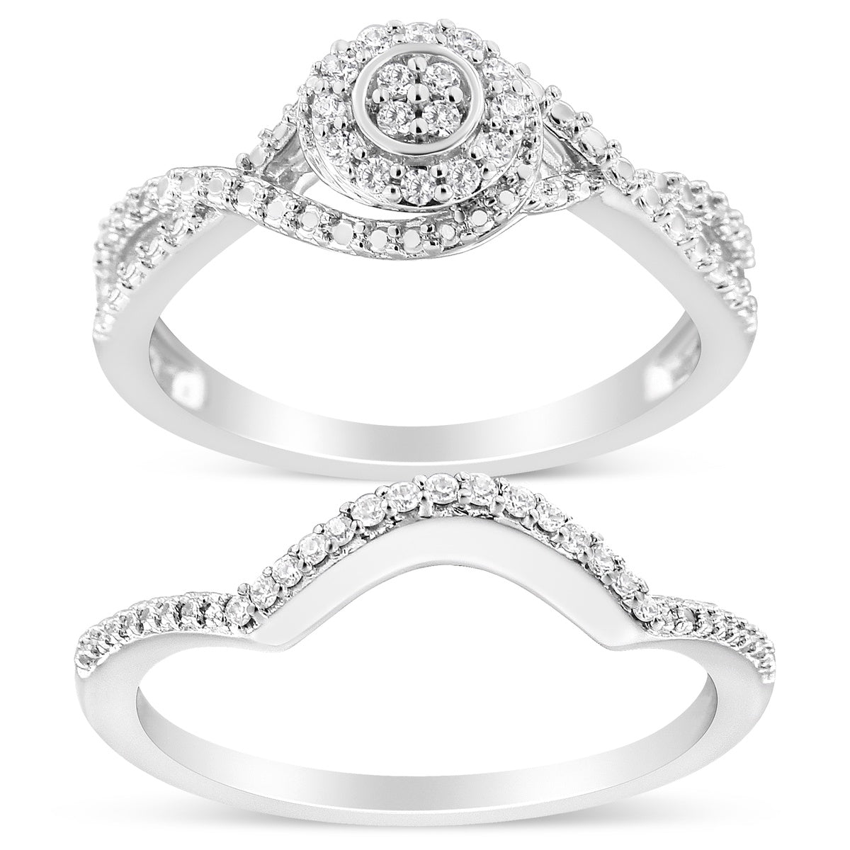  Haus of Brilliance .925 Sterling Silver 1/6 Cttw Diamond Composite Halo and Split Shank Bridal Set Ring and Band  (I-J Color, I3 Clarity) - Size 9 - 9 - Bonton