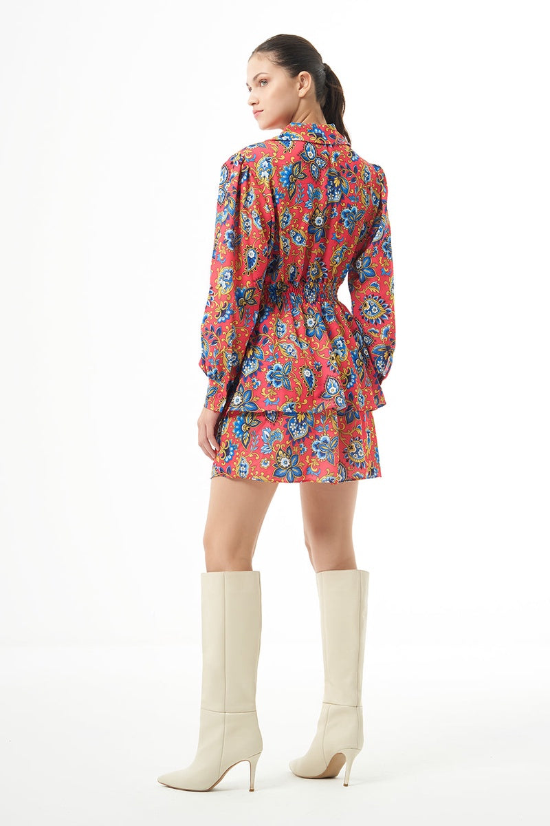  Mizalle Long Sleve Flowy Mini Dress - Dress - Patterned - Bonton