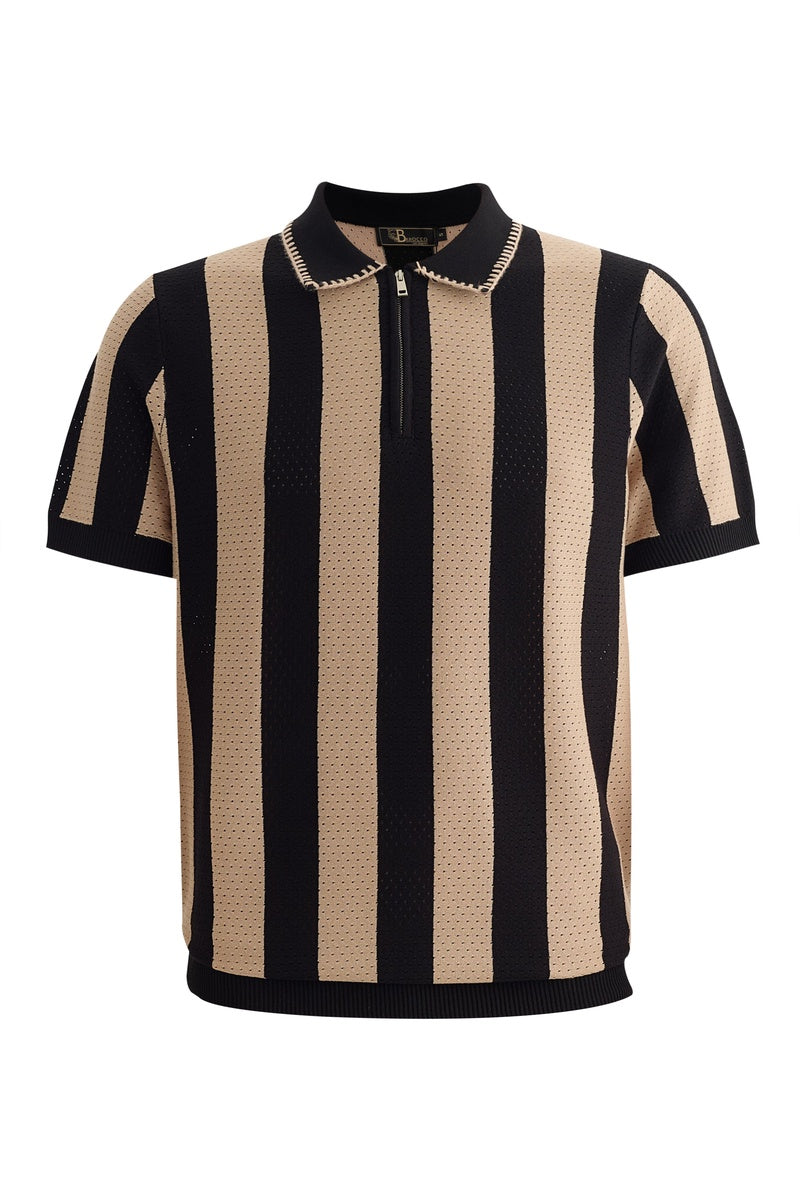  Barocco Monaco Zip Polo With Bold Stripe Knit KHAKI - KHAKI - Bonton