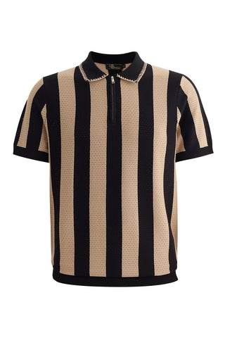 Monaco Zip Polo With Bold Stripe Knit KHAKI