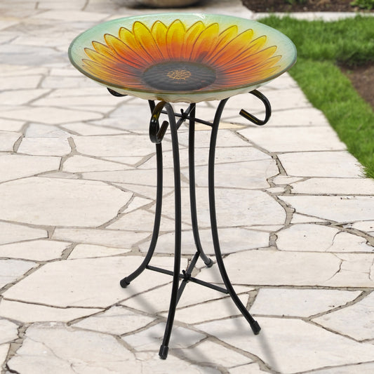 20.5" Orange and Yellow Sunflower Glass Bird Bath With Stand