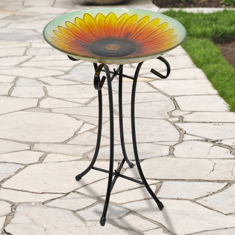 20.5" Orange and Yellow Sunflower Glass Bird Bath With Stand