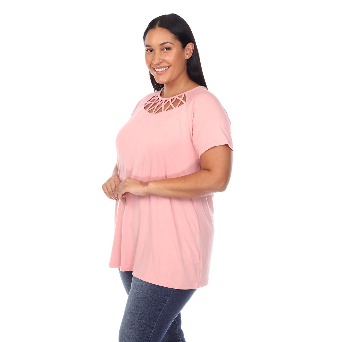  White Mark Plus Size Crisscross Cutout Short Sleeve Top - 1X - Bonton