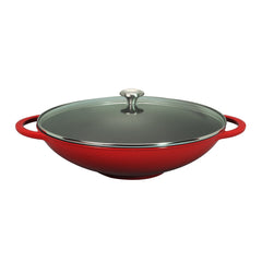 Chasseur French Enameled Cast Iron Wok With Glass Lid, 16-Inch Diameter, Red