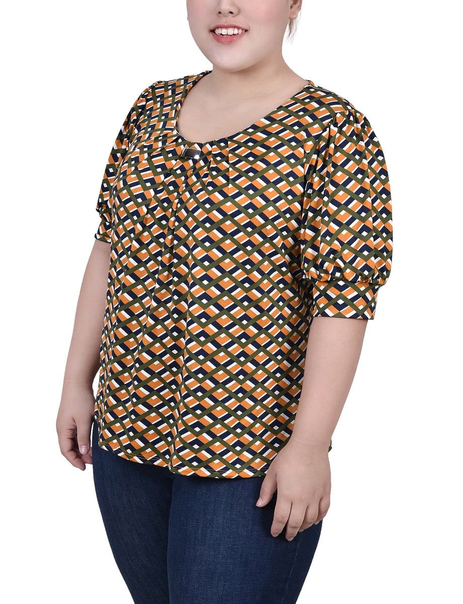  NY Collection Plus Size Short Sleeve Balloon Sleeve Top With Hardware - Black Taupe Zebra - Bonton