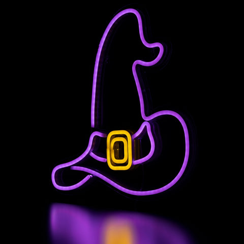 LED Lighted Neon Style Witch Hat Halloween Window Silhouette - 15" - Purple