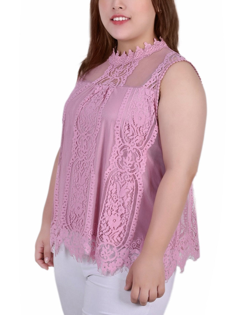  NY Collection Plus Size Sleeveless Mock Neck Lace Top - Black Nude - Bonton