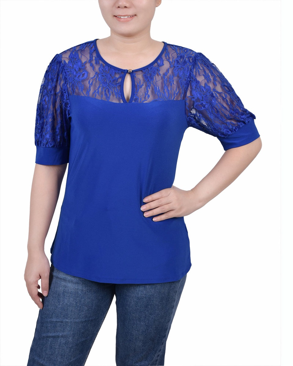  NY Collection Petite Short Puff Sleeve Top With Lace Sleeves and Yoke - Black - Bonton