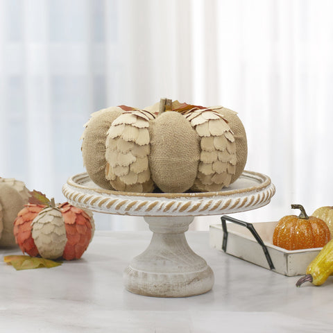 Autumn Harvest Burlap and Wood Pumpkin Decoration - 9" - Tan