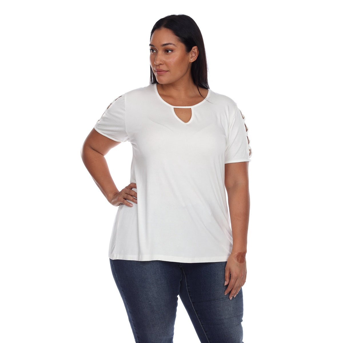  White Mark Plus Size Keyhole Neck Cutout Short Sleeve Top - 1X - Bonton