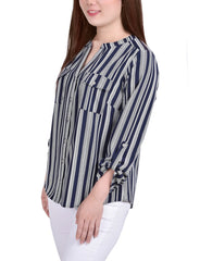 Petite 3/4 Sleeve Roll Tab Y Neck Blouse