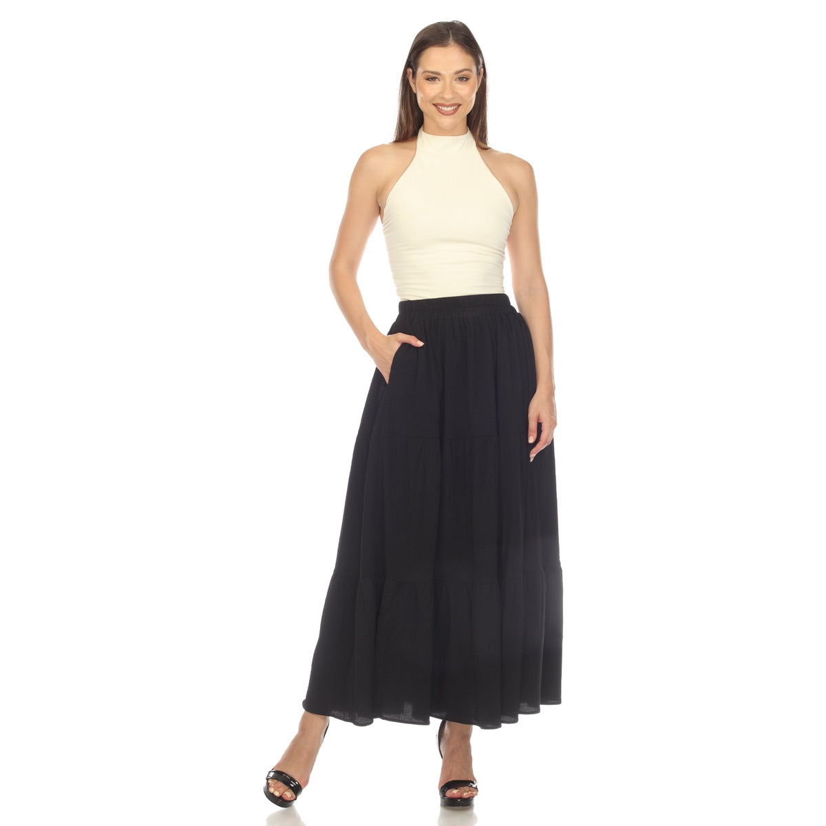  White Mark Women's Pleated Tiered Maxi Skirt - M - Bonton