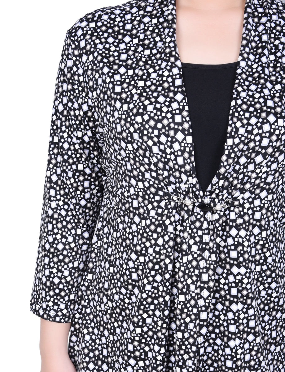  NY Collection Petite Puff Print 3/4 Sleeve Two-Fer Top - Jester Red Ivory Geo - Bonton