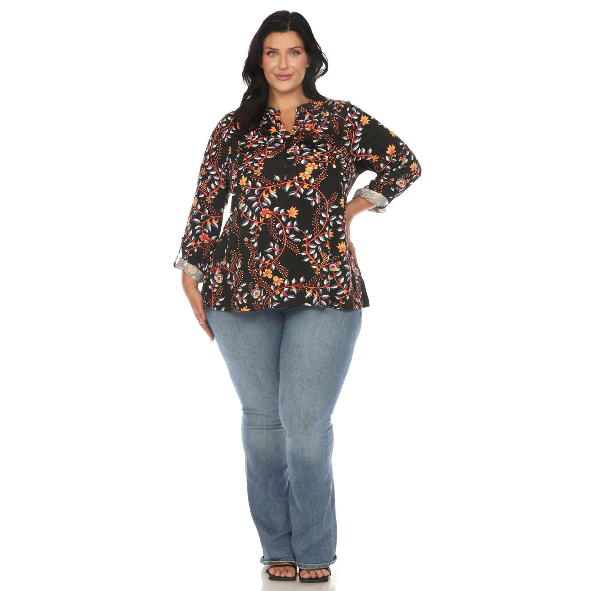  White Mark Plus Size Paisley Button Front Tunic Top - 1X - Bonton