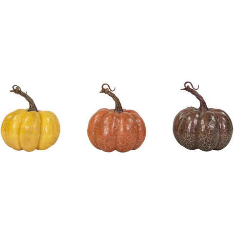 Crackle Finish Fall Harvest Pumpkins - 4" - Orange  Yellow and Brown - Set of 3