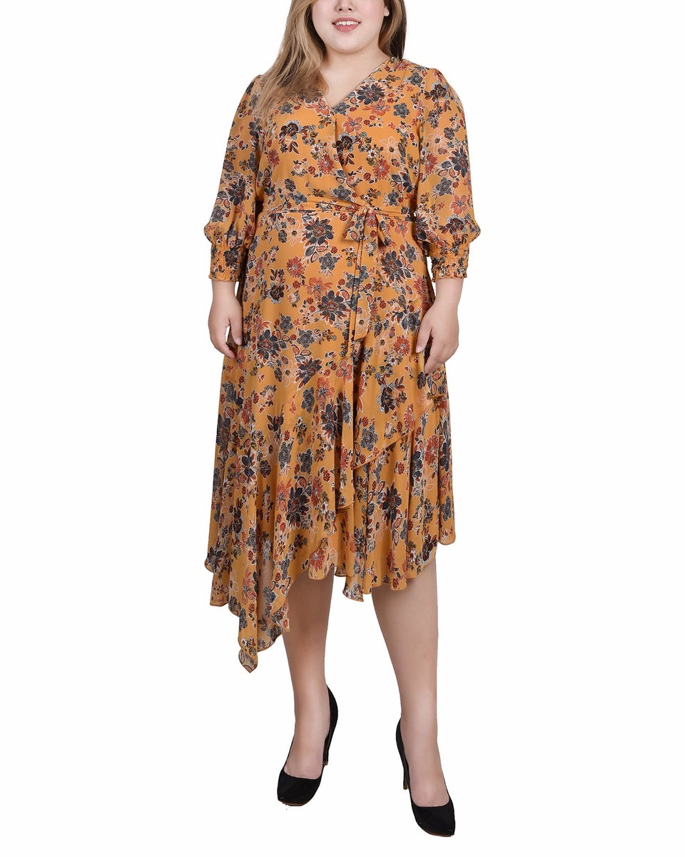  NY Collection Plus Size 3/4 Sleeve Belted Chiffon Hankerchief Hem Dress - Honey Wallflower - Bonton