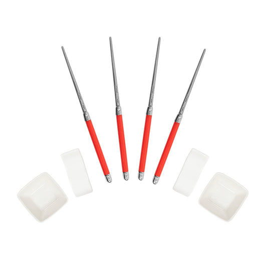 French Home Chopsticks With Red Handles, Ceramic Rests and Sauce Bowls, Set of 2 Pairs