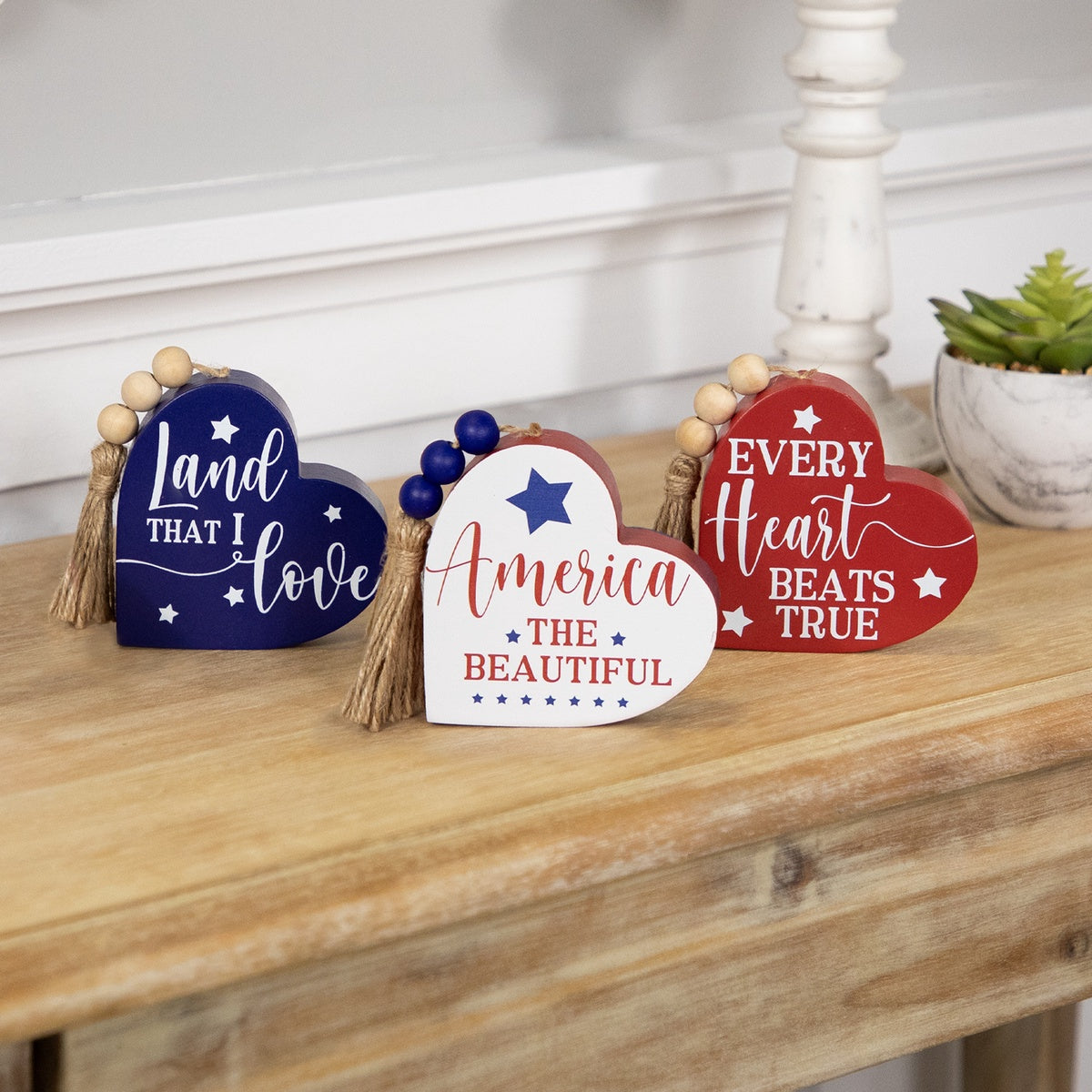  Northlight Patriotic Hearts With Beaded Tassels Wooden Signs - 3.75