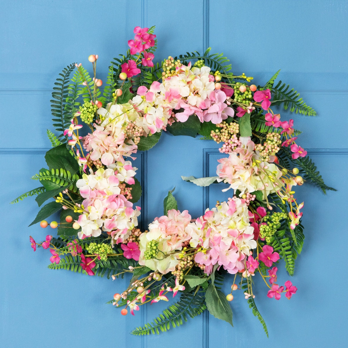  Northlight Hydrangea  Berry and Fern Artificial Spring Floral Wreath  Pink - 20-Inch - Default Title - Bonton